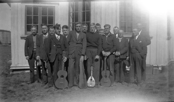 Sailors with instruments. Hans is second from the left. Identification supplied by the family. Vessel, location and date remain unconfirmed.