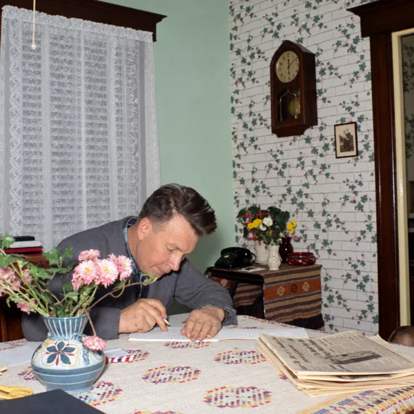 Hans at home. Colorized interpretation from the family archive. Original not yet supplied; exact photograph date not established.