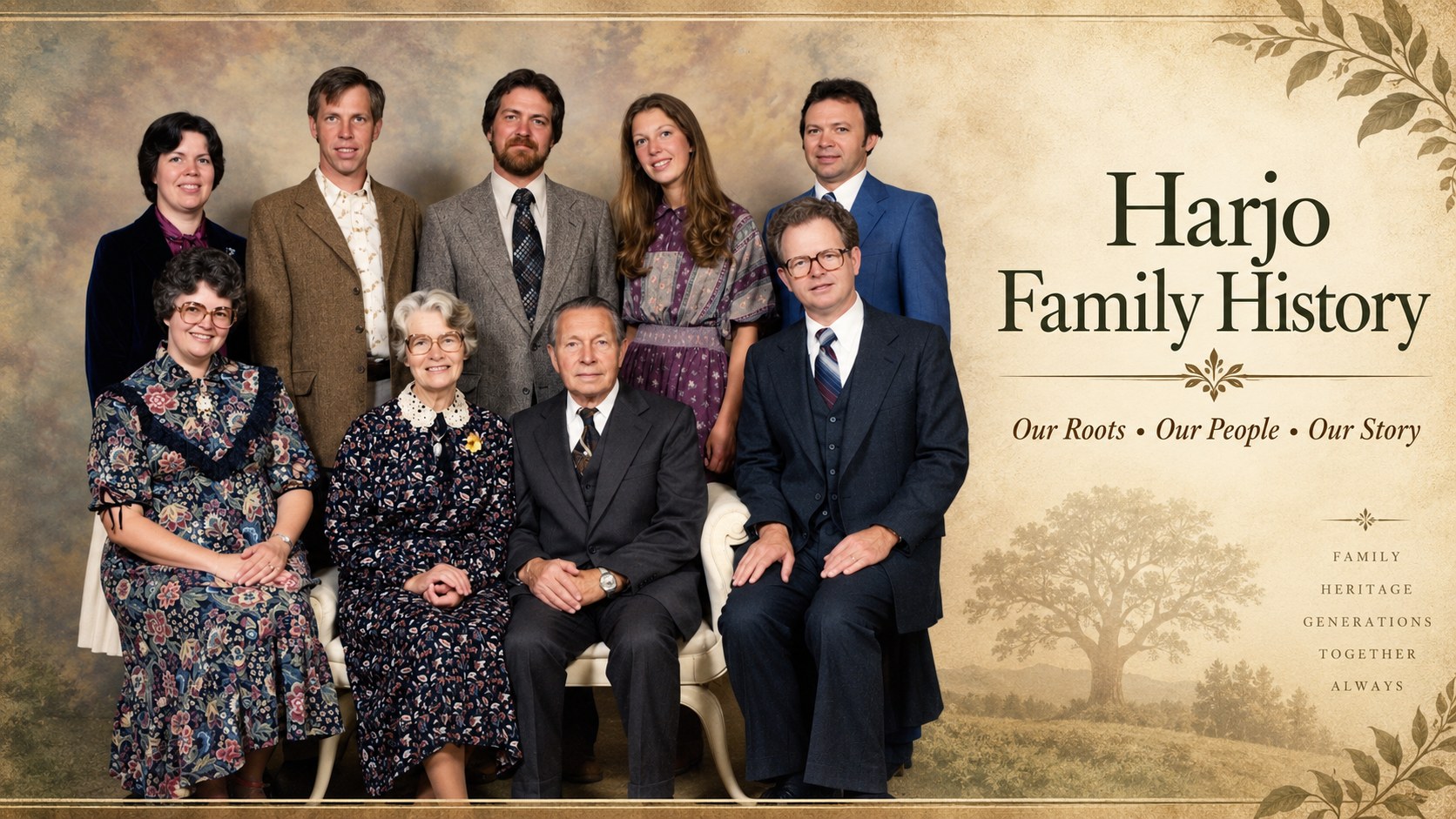 Harjo Family History &mdash; Our Roots &bull; Our People &bull; Our Story. Family group portrait.