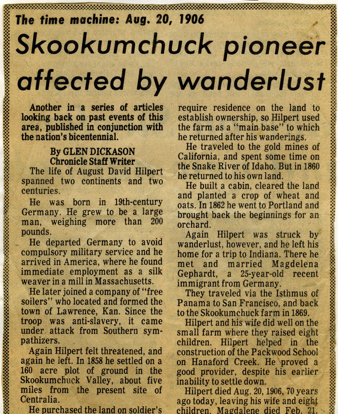 Centralia Chronicle article: Skookumchuck pioneer affected by wanderlust