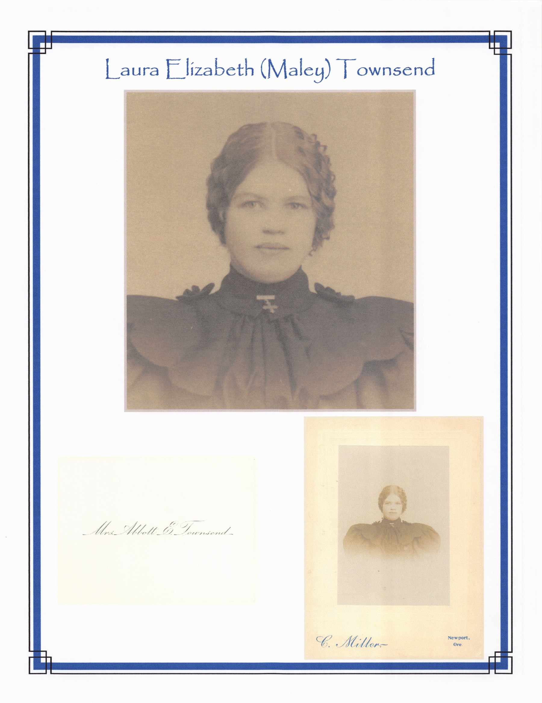 Portraits and calling card of Laura Elizabeth Townsend