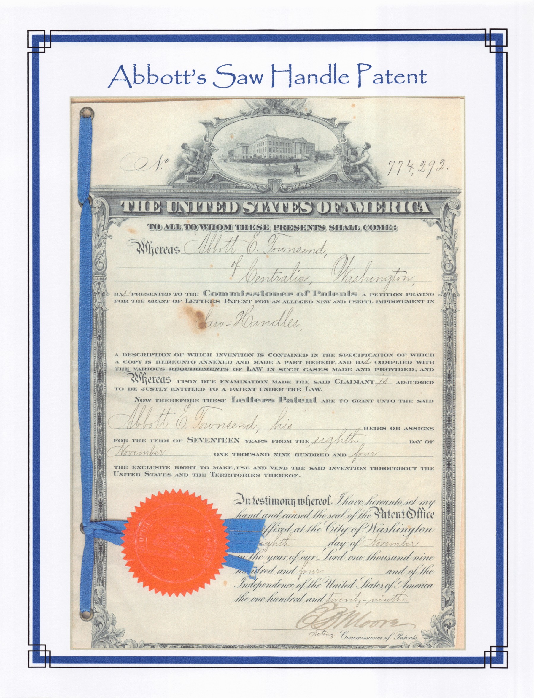 Abbott Townsend’s saw-handle patent drawing