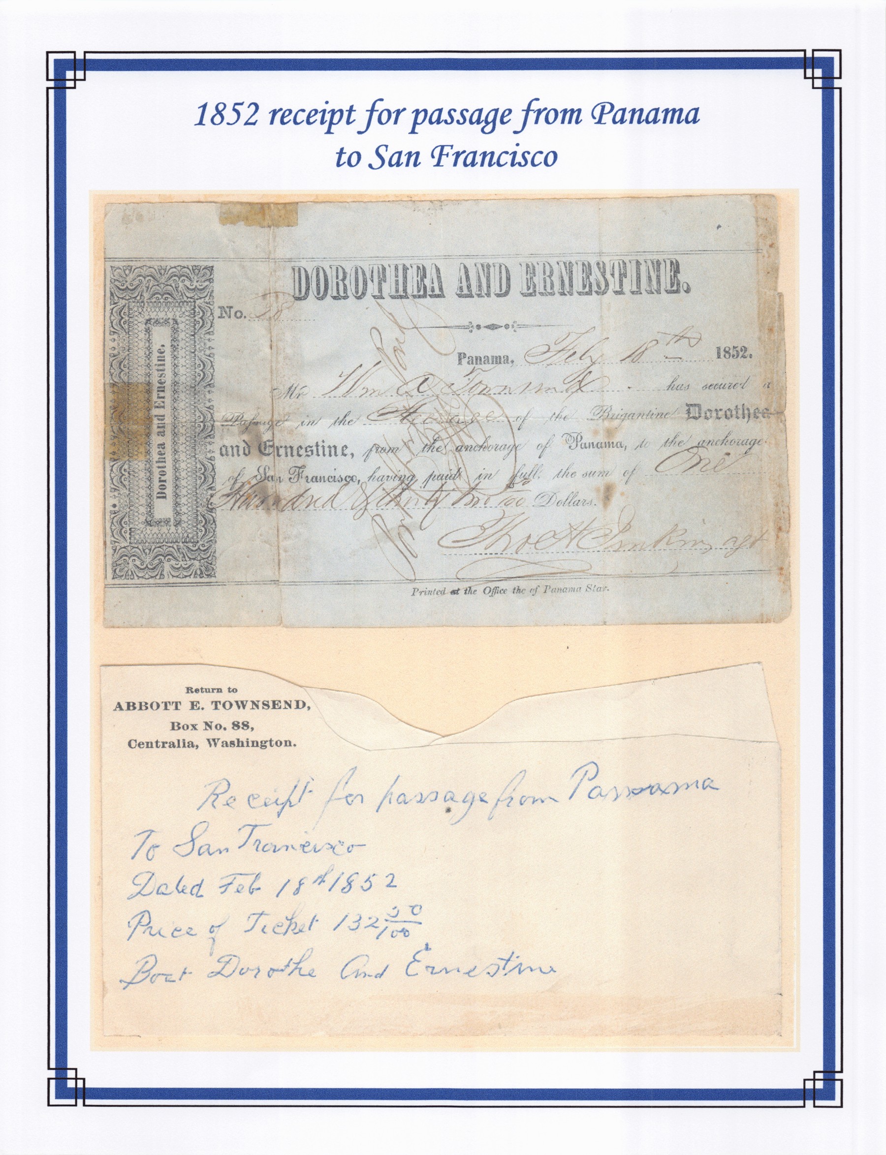 William Townsend’s 1852 passage receipt from Panama to San Francisco